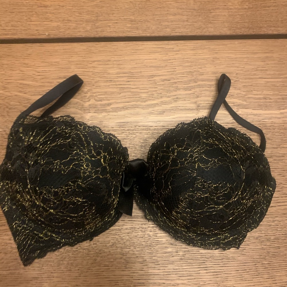 Aerie 36D Black Lace Push Up Bra with Gold